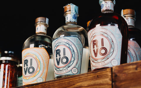Tre flasker RIVO-gin med geometriske etiketter står på en træhylde sammen med en flaske mørk slåen-gin og to klare flasker gin fra høsten. En lille krukke er delvist synlig til venstre.