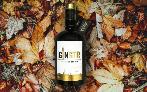 En flaske GNSTR Stuttgart Dry Gin med en sort og guldfarvet etiket er placeret på en bund af efterårsblade i brune, orange og gule nuancer.