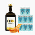 GINSTR Mediterranean Gin & tonic-pakken fra Stuttgart Distillery består af en flaske gin, seks dåser tonicvand fra Middelhavet og tørrede appelsinskiver - alt sammen arrangeret på en hvid baggrund.