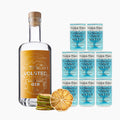 En Volsted Distillery Goldcrest Gin & Tonic-pakke med Goldcrest Gin, tørrede citrus- og limeskiver og 8 dåser Fever-Tree Premium Indian Tonic Water arrangeret på en hvid baggrund.